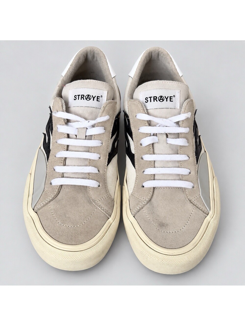 STRAYE Flame Low Top Skate Sneakers Beige Black Suede Canvas Men 10.5 Women 12